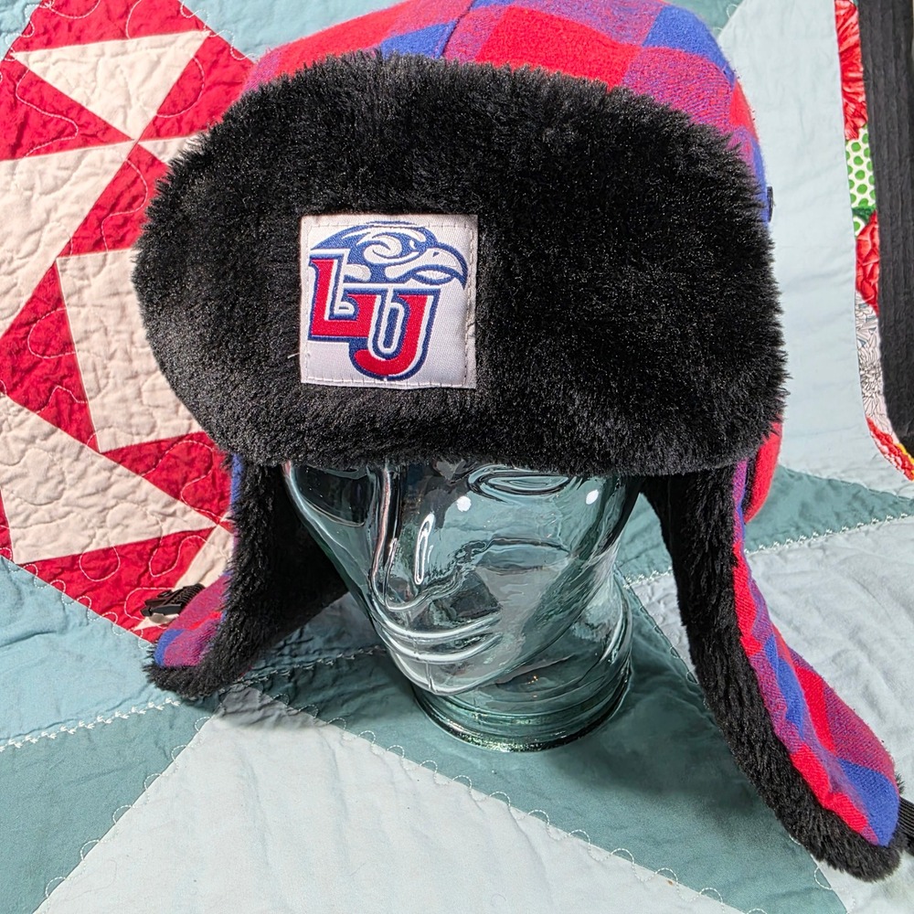 Liberty University Trapper Hat Adult One Size Red Blue Buffalo Plaid Faux Fur
